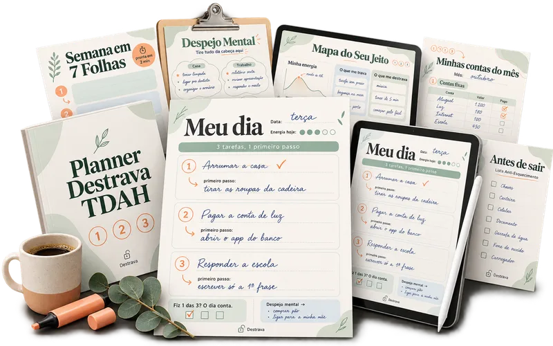 Kit completo do Planner Destrava TDAH com a versão GoodNotes no iPad e os 5 bônus